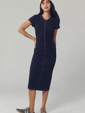Anthropologie Daily Practice Short-Sleeve Gathered Midi Dress, XXS